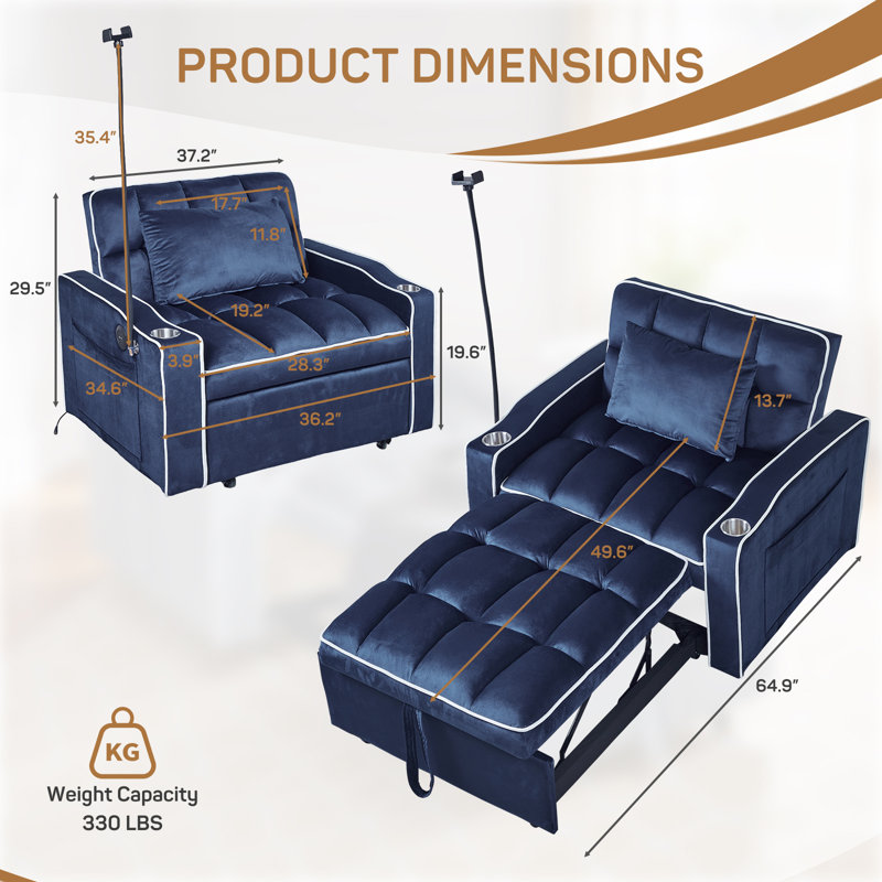 3-In-1 Convertible Futon Sofa Bed Chair, Multi-Functional Sleeper Chair Bed With Pull Out Couch And Adjustable Backrest, Modern Velvet Chaise Lounge Armchair For Living Room Bedroom