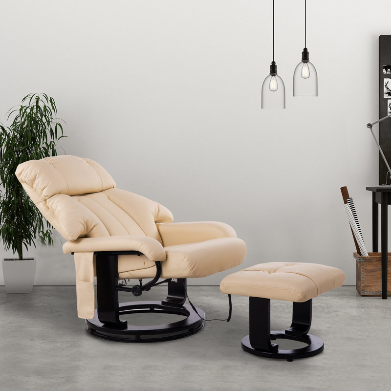Faux Leather Massage Chair with Ottoman,wood, Beige Faux Leather
