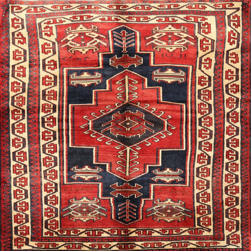 Tapis traditionnel rouge / bleu / beige, Carré 4 pi