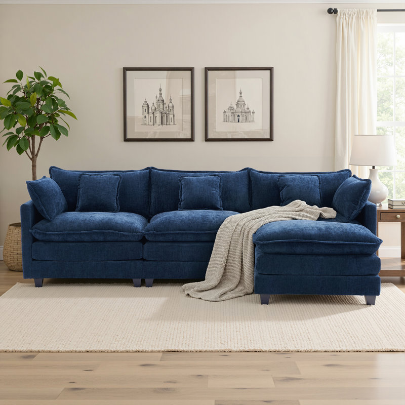 Canapé modulaire en chenille 3 places - Canapé-lit modulaire à assise profonde avec repose-pieds, Chenille bleu foncé