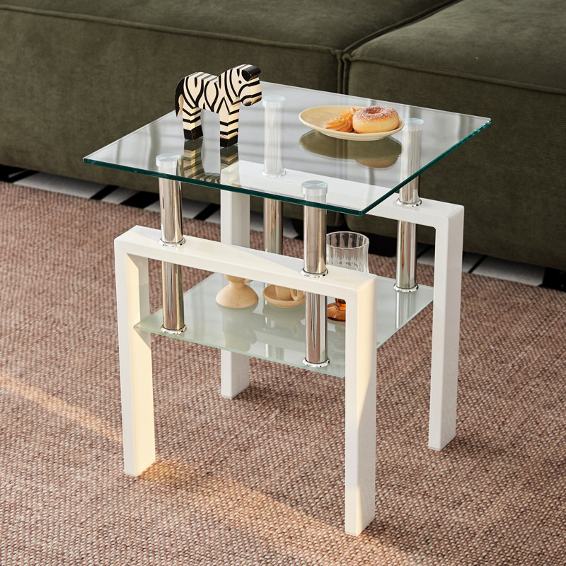 Tempered Clear Glass End Table, 2 Storage For Elegant Living Room Table Room, Space Optimization