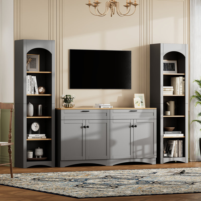Storage Cabinet,TV Stand With Bookshelf, Rustic Versatile Sideboard With Adjustable Shelves For Living Room, Grey