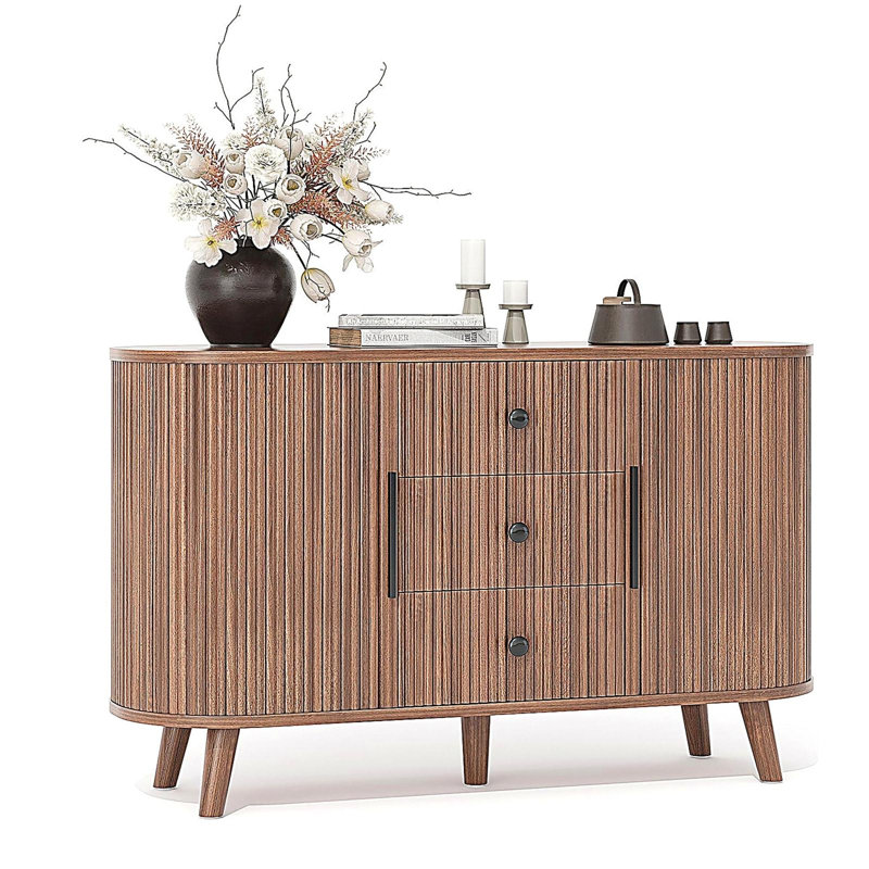 Sideboard Buffet Cabinet with 2 Sliding Tambour Doors and 3 Drawers, Storage Cabinet with Adjustable Shelves for Living Room, Walnut