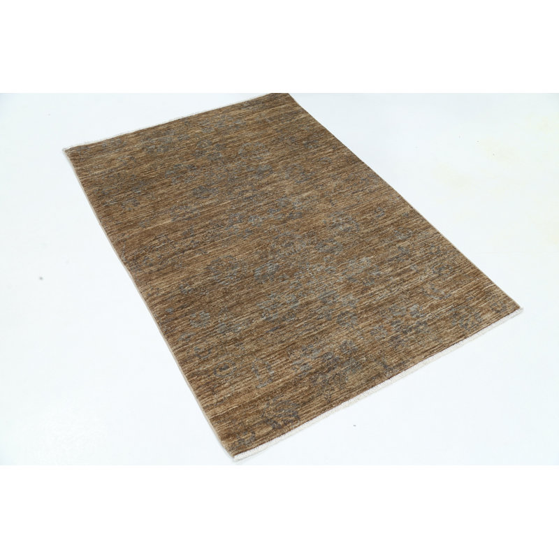 Tapis brun en laine noué à la main 3,4 pi x 5 pi à motif floral neutre