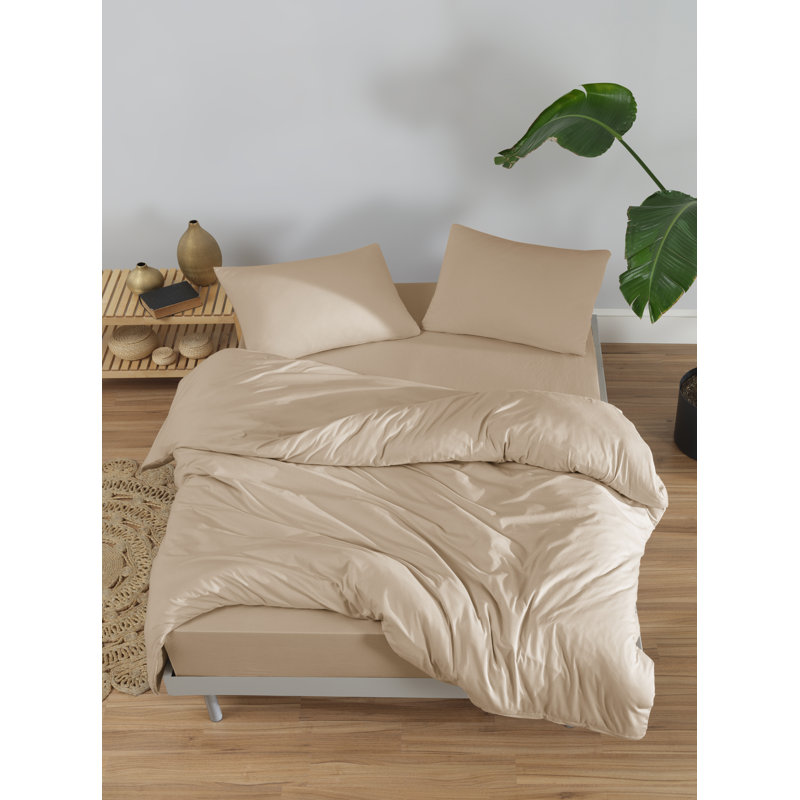 100% Cotton Jersey Knit Duvet Cover Set, Full / Queen Duvet Cover + 2 Standard Shams, Beige