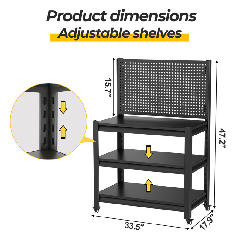 Banc de travail avec panneau perforé, banc de travail robuste d'une capacité de 3 000 lb avec tablettes réglables sur roulettes, chariot à outils, table de travail pour entrepôt de garage