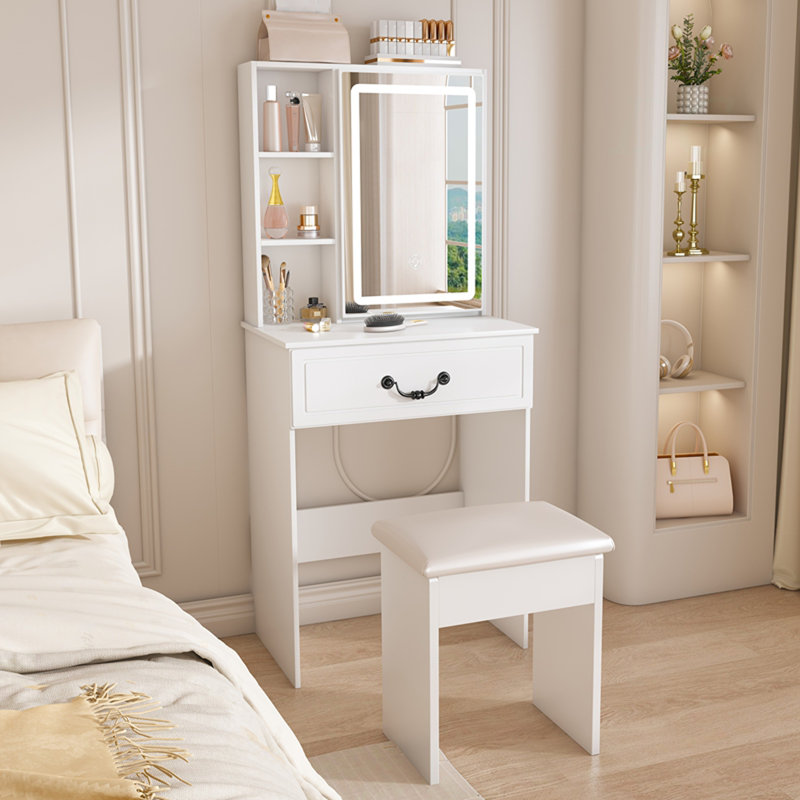 Mini coiffeuse moderne avec miroir éclairé à DEL et rangement dissimulé, tabouret rembourré, bureau de coiffeuse à luminosité réglable, tablettes à l'épreuve de la poussière à plusieurs niveaux