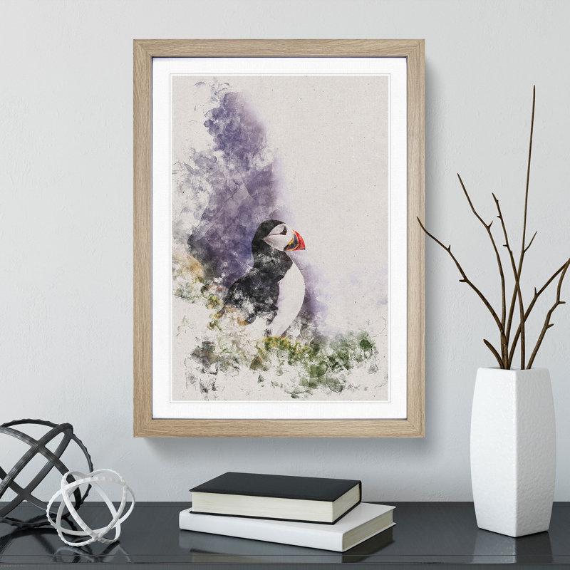 Atlantic Puffin Birds Vol.7 Watercolour - Picture Frame Graphic Art, 36cm H x 27cm W x 2cm D, Oak