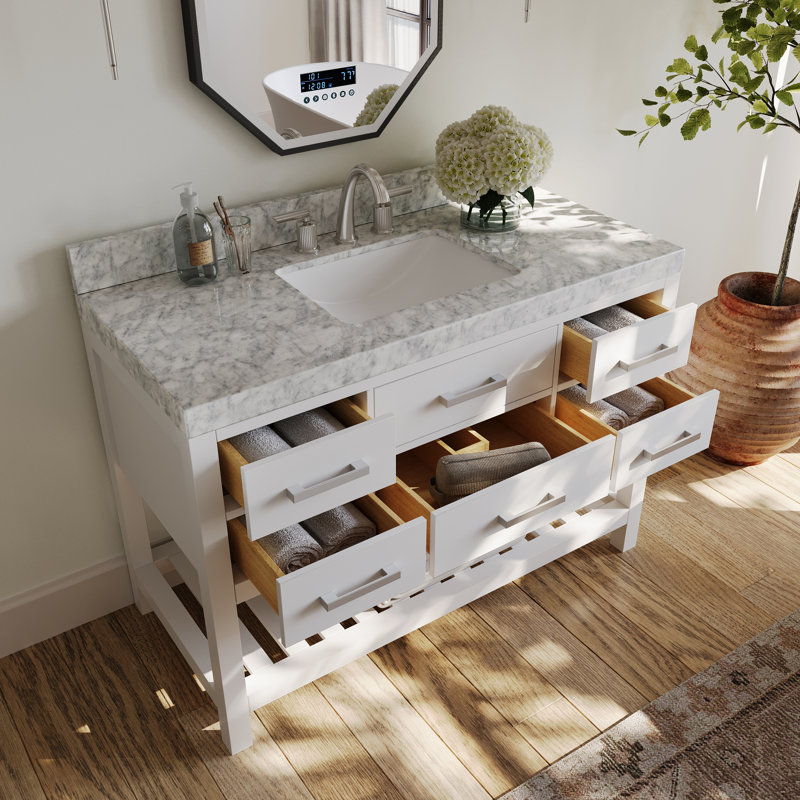 Ensemble de meuble-lavabo simple 48 po Carrie, Blanc / nickel brossé, Marbre blanc de Carrare