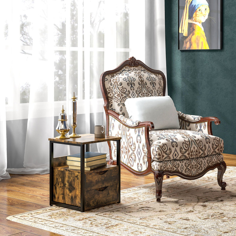 Table d'appoint industrielle avec 2 tiroirs, petite table de bout avec tablette de rangement, table d'appoint avec cadre en métal à poignée rainurée pour le salon,