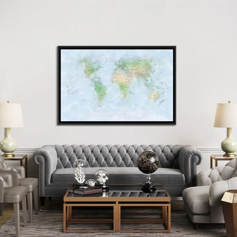 « world map iii », impression sur toile, H 18 po x l 26 po x P 1,5 po, Toile avec cadre noir, Pas de tapis
