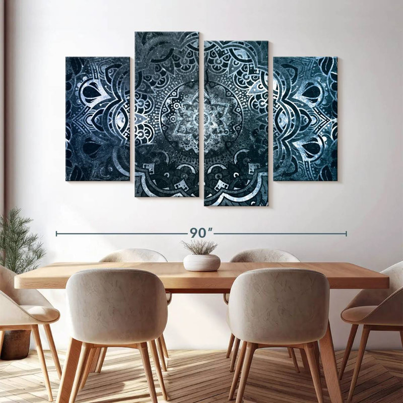 Mandala, mandala hypnotique sur toile, 4 pièces, H 54 po x l 84 po x P 1,25 po
