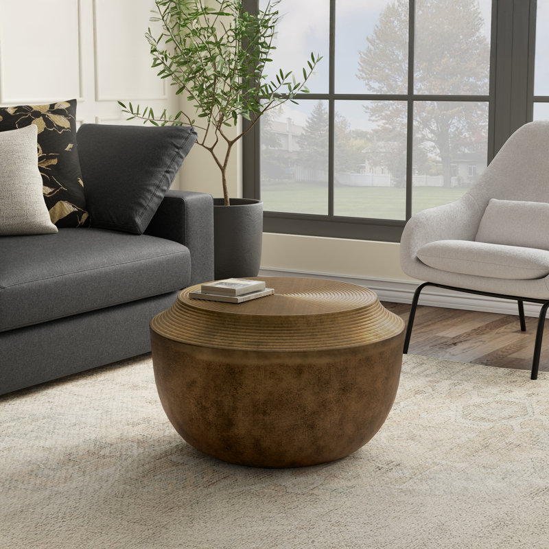 Timmons 21"W Antique Brass Cast Aluminum Modern Industrial Round Drum Coffee Table, Fully Assembled
