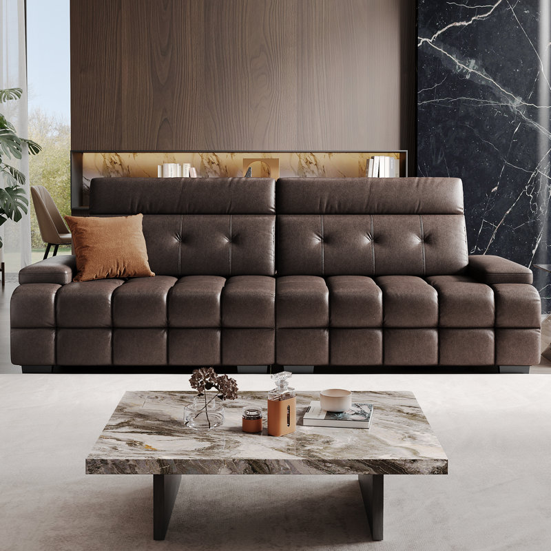102.4" Mid-Century Lawrence Sofa Faux Leather Oversize Couch with Adjustable Headrest and Seat Depth for Living Room
