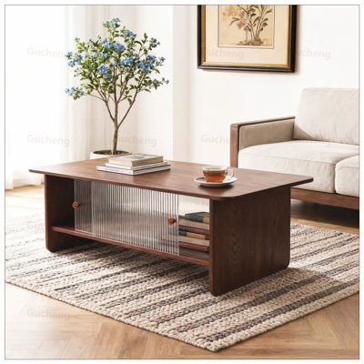 Table basse rectangulaire minimaliste avec porte coulissante en verre cannelé, facile à assembler et polyvalente