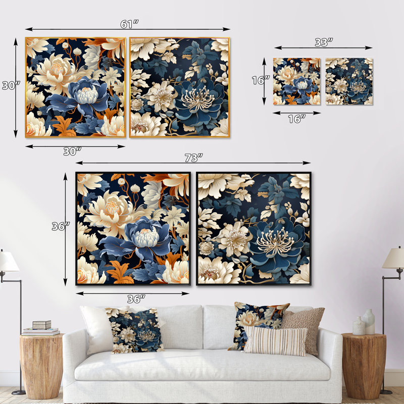 Woburn - Ensemble de 2 collages floraux carrés, Cadre flottant noir, H 30 po x l 61 po