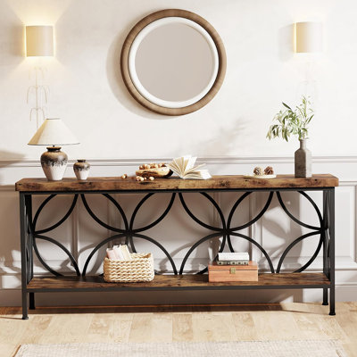 70.9 Inches Extra Long Industrial Console Table, Narrow Sofa Table With Open Storage Shelves For Hallway, Foyer, Or Living Room, Metal Frame, Rustic Brown