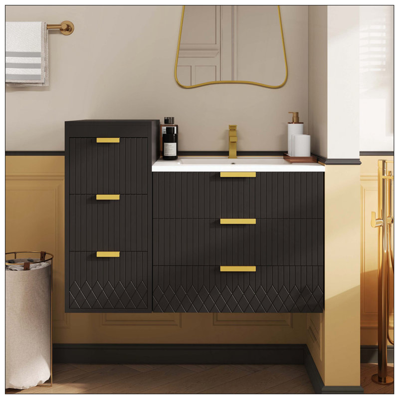 Modern Wall Mounted Floating Vanity Ceramic Basin Side Cabinet