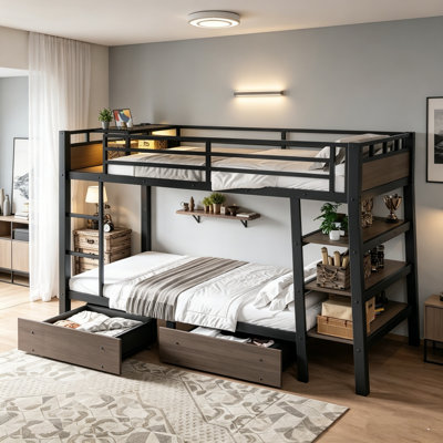 Lit superposé en métal, structure robuste robuste avec tiroirs de rangement, station de charge USB et tablettes latérales, lit superposé Loft, cadre de lit à deux étages, mobilier de chambre pour enfants, adolescents, adultes