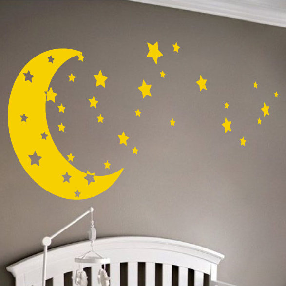 Adhésif décoratif lune et étoiles, Jaune clair, H 30 po x l 65 po x P 0,01 po