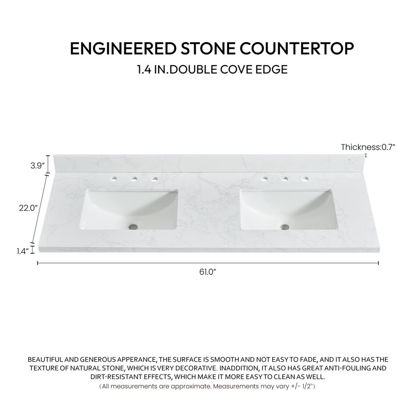 Jaen 61'' Grain White Stone Double Bathroom Vanity Top with Sink