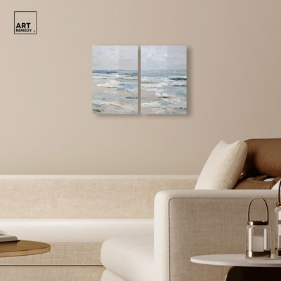 Seaside Strokes Coastal Pair Canvas Print Gold Boho Wall Decor Set by Art Remedy, Silver Frame, 24 x 36