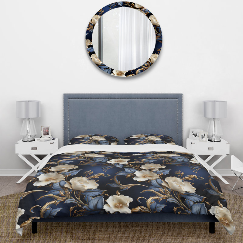 Ensemble de housse de couette à motifs dorés bleu cobalt victorien III, Housse de couette simple + 1 taie décorative stan