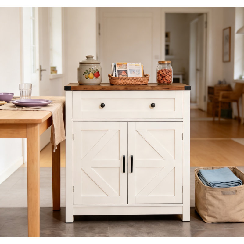 White & Wood-Grain Top Farmhouse Barn-Door Storage Cabinet, Coffee Bar Buffet Sideboard With Drawer For Kitchen Living Room
