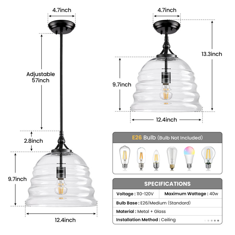 12 in 1-Light Modern Adjustable Hanging Single Pendant Light Fixture with Clear Ribbed Glass Dome Shade, Matte Black