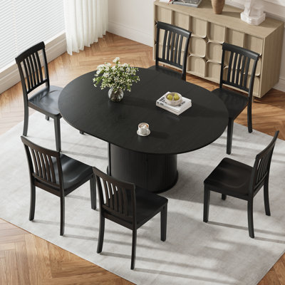 Ensemble de salle à manger moderne extensible 6 pièces avec rangement dissimulé, table ovale convertible de 120 à 160 cm et 6 chaises de salle à manger en bois massif à dossier à lattes pour 4 à 6 personnes