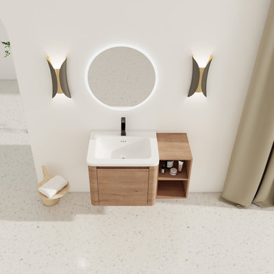 Meuble-lavabo mural moderne avec lavabo en céramique blanche et tablettes de rangement et 1 porte à fermeture en douceur