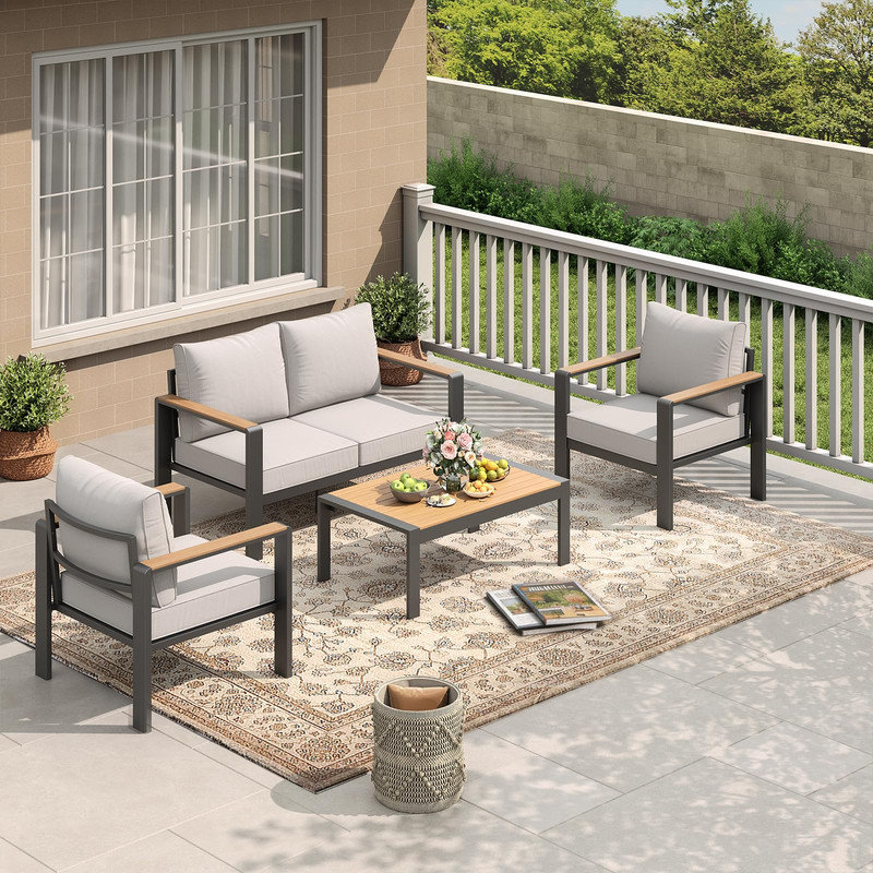 4-Piece Aluminum Patio Sectional with Thick Cushions & Coffee Table – Outdoor Conversation Set for Porch, Balcony, Deck, or Yard