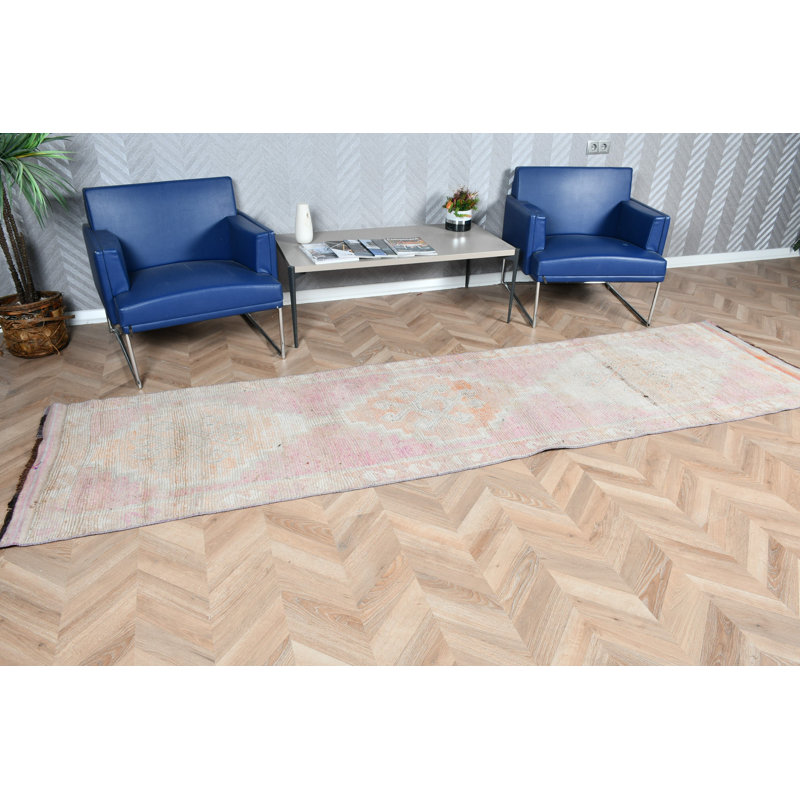 Tapis de couloir Herki en laine fait à la main en rose avec motif bohémien coloré Oushak idéal pour la décoration de la cuisine et du plancher