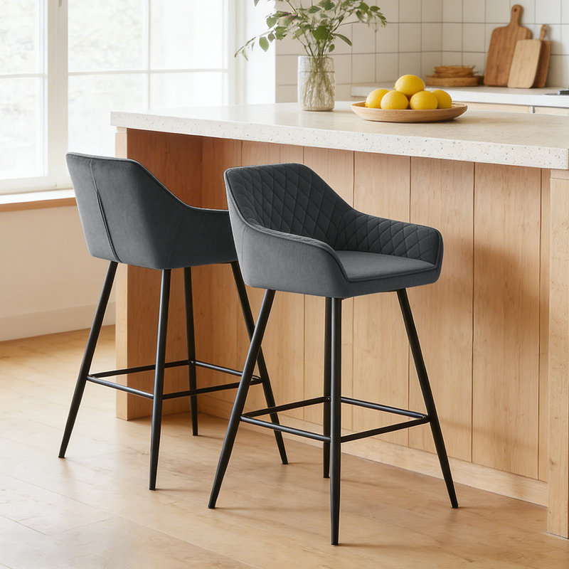 Velvet/Suede Upholstered Bar Stools with Armrests & Diamond Tufting, Velvet Gray