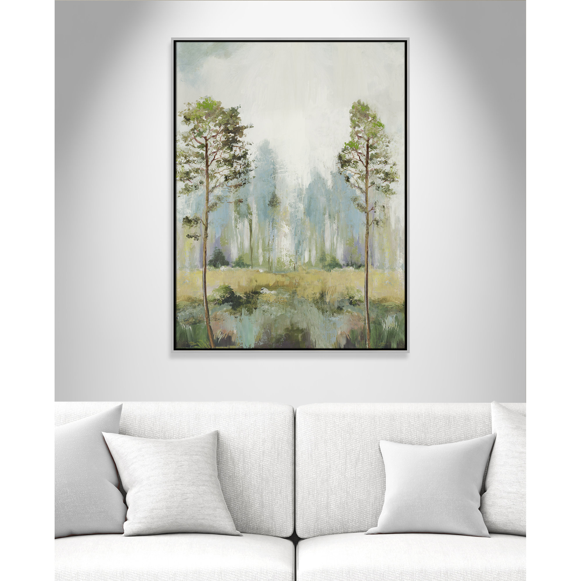 Tall Green Trees II by Teton Pearce - Floater Frame Print on Canvas, Silver, 41.5" H x 31.5" W