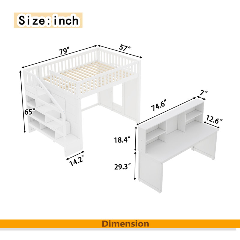 Lit mezzanine avec bureau mobile et tablette de rangement, avec escalier de rangement, Lit double, Blanc