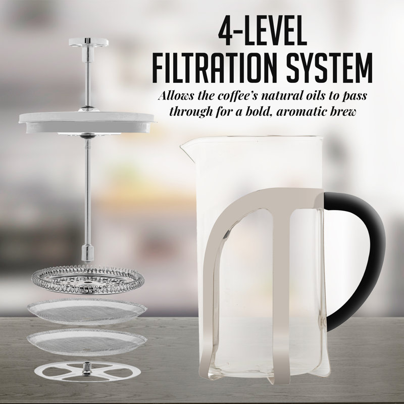 OVENTE French Press Coffee Maker, 34oz Heat Resistant Borosilicate Glass, BPA-Free Brewing Pot with 4-Level Filter System and Stainless Steel Plunger for Cold Brew Coffee, Tea and More, Clear FGC34T
