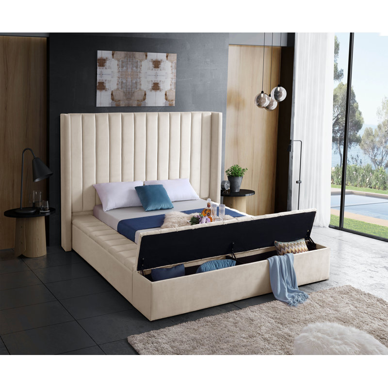Rick Upholstered Wingback Bed, Full, Cream Velvet