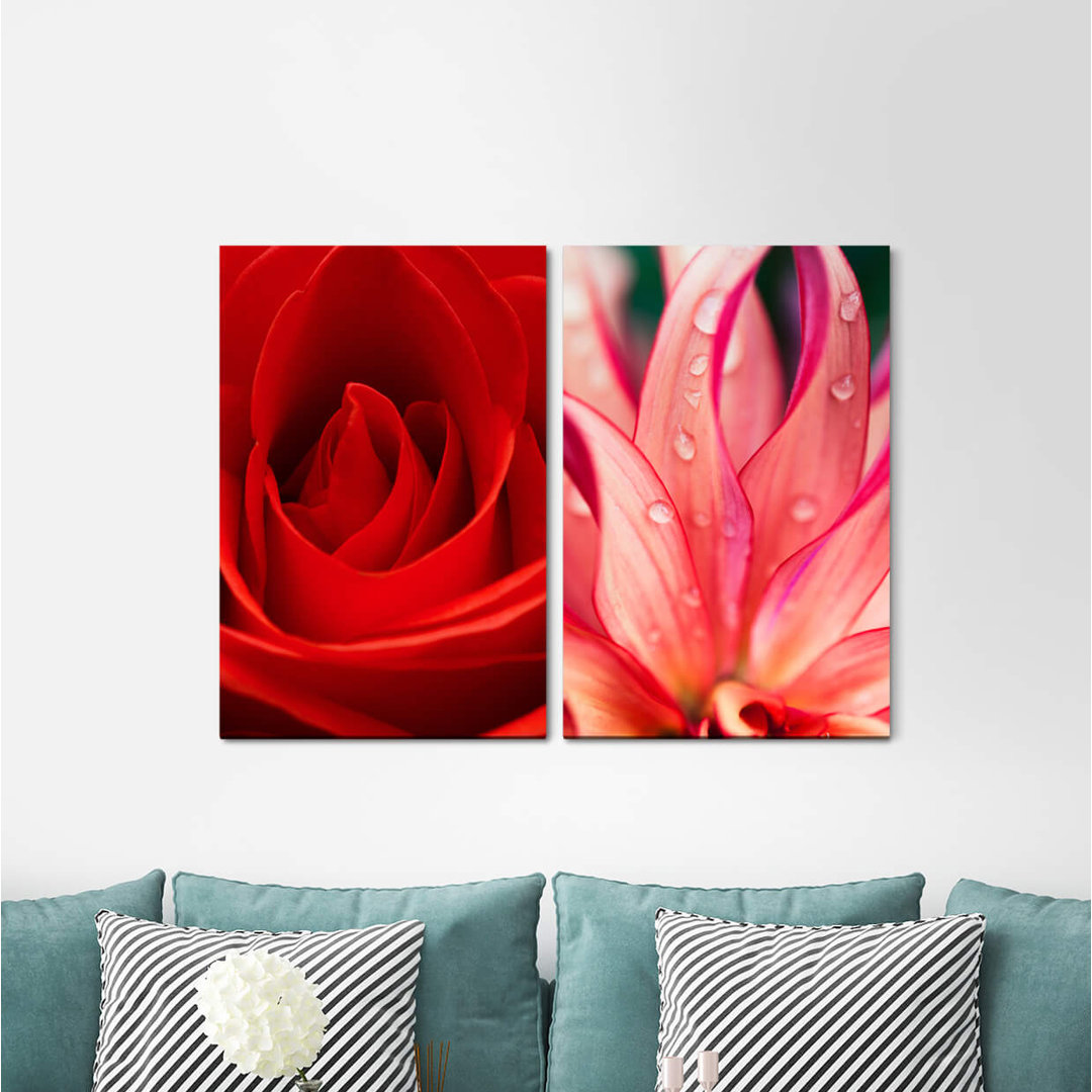 2-tlg. Leinwandbilder-Set - Fotografie „Rose Red Blossom Raindrops Love Romantic”