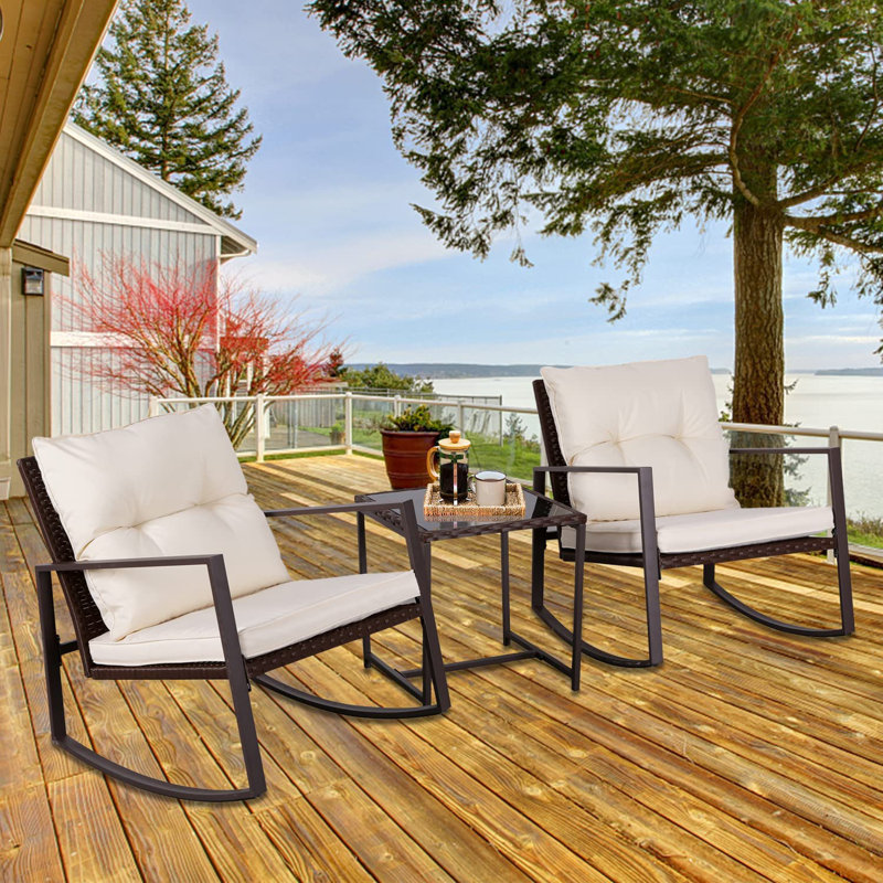 2 - Person Outdoor Dining Set, 3-Piece Outdoor Rattan Rocking Bistro Set with Cushions and Glass Coffee Table, Brown, Beige