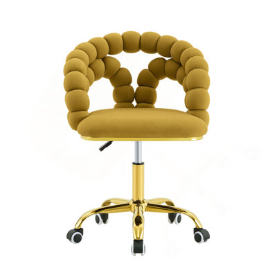 Fauteuil de bureau pivotant en velours moderne avec dossier à bulles, fauteuil de coiffeuse rembourré avec base en métal doré, fauteuil de bureau roulant pour bureau à domicile, chambre à coucher, salle de maquillage (ensemble de 1)