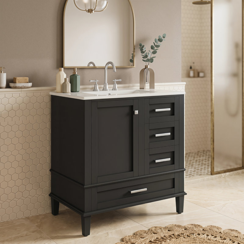 Ensemble de meuble-lavabo moderne de 30 pouces avec lavabo simple, armoire de rangement en bois massif avec 1 porte à fermeture en douceur et 3 tiroirs à fermeture en douceur
