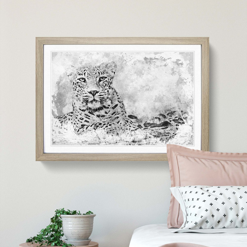 Leopard Resting in Abstract - Picture Frame Painting Print, 48cm H x 65cm W x 2cm D, Oak Framed