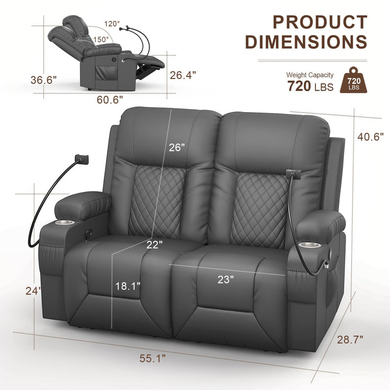 55” RV Loveseat Recliner Sofa, zero clearance recliner  Recliners with USB Ports, Cup Holders, Insert Pockets, RV Recliners for Travel Trailers & Living Room, RV Couch
