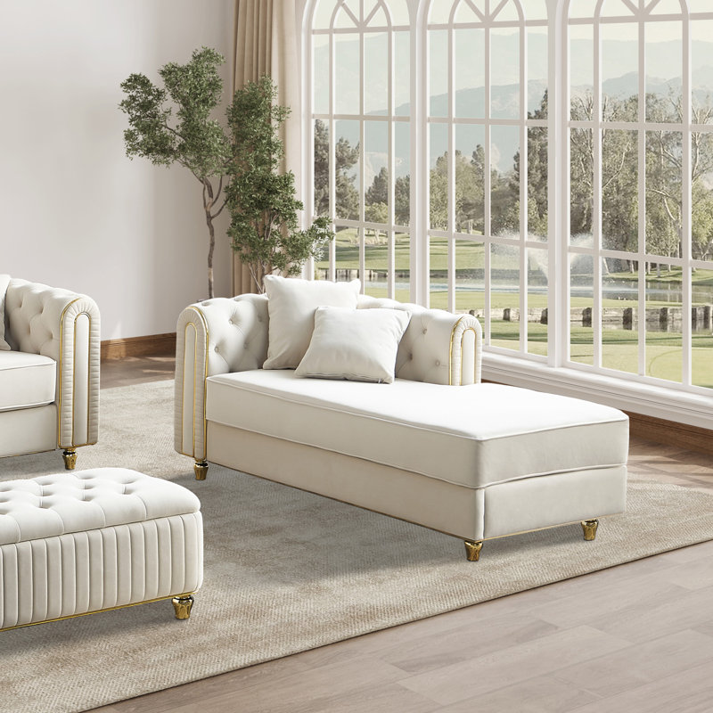 Chaise longue en velours capitonnée avec coussins de siège amovibles et deux coussins, Beige