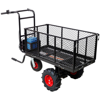 Chariot de transport électrique avec moteur de 700 W, capacité de charge de 660 lb, roues de 13 pouces et lit inclinable pour une manipulation sans effort du matériel de jardin et de jardin.