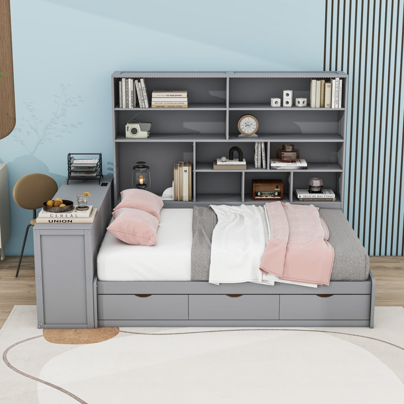 Lit de jour double en bois avec bureau intégré et tablettes et 3 tiroirs, Gris