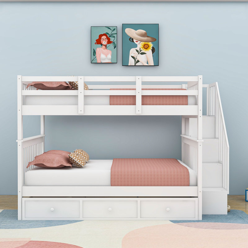 Dinuk Full over Full Wood Bunk Bed with Drawers, White