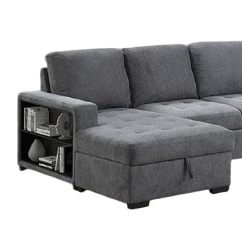 Stila Sleeper Sectional Sofa With Storage Chaise, 128 Inch Dark Gray, Gray Fabric