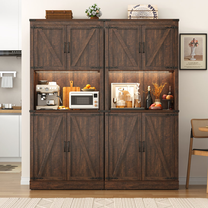72" Kitchen Pantry With LED Light, Power Outlet And Shelves At Doors., Walnut